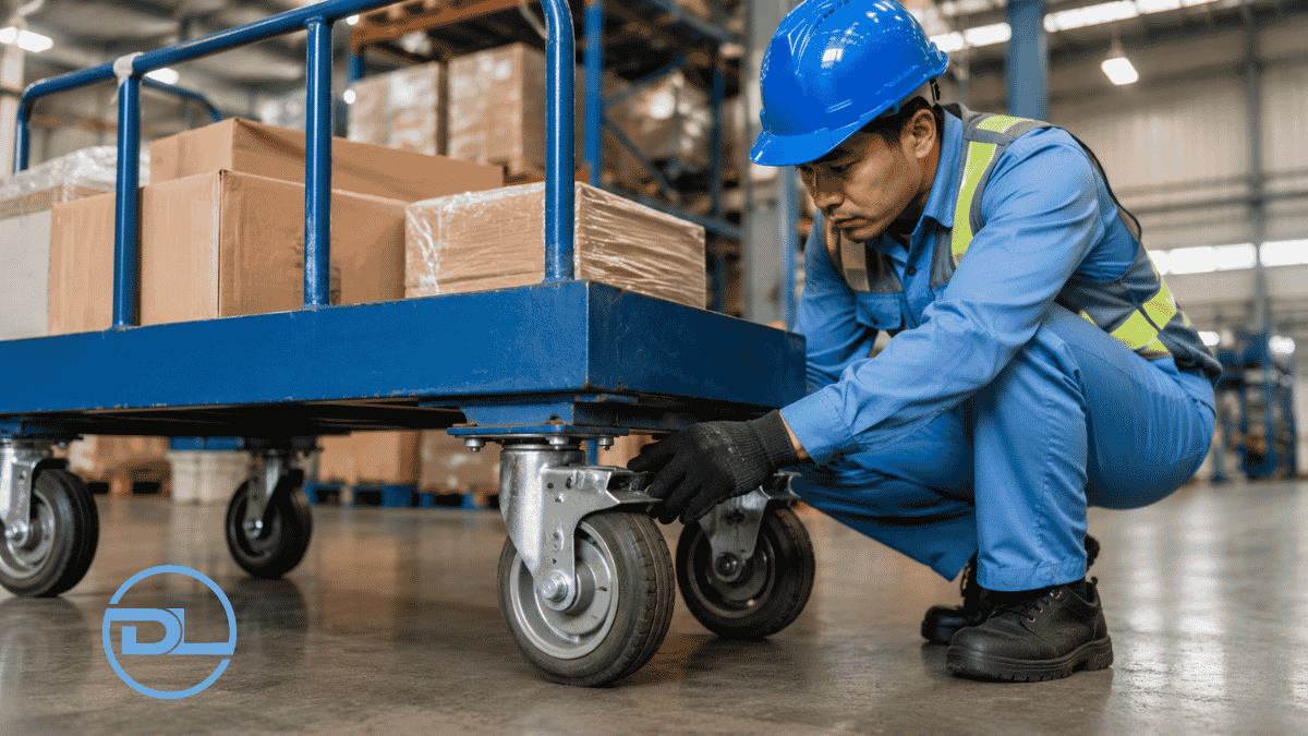 Kỹ thuật viên kiểm tra xe đẩy hàng công nghiệp khó đẩy tại kho xưởng