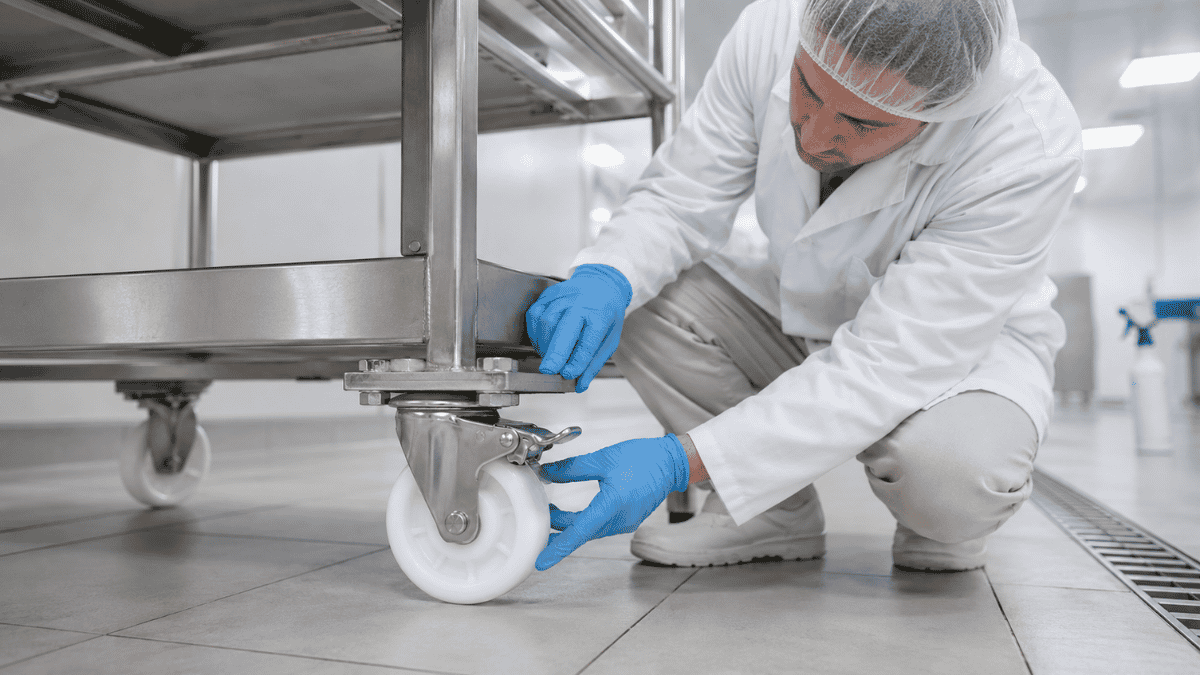 Kỹ thuật viên kiểm tra bánh xe PA khung Inox trong khu vực vệ sinh công nghiệp