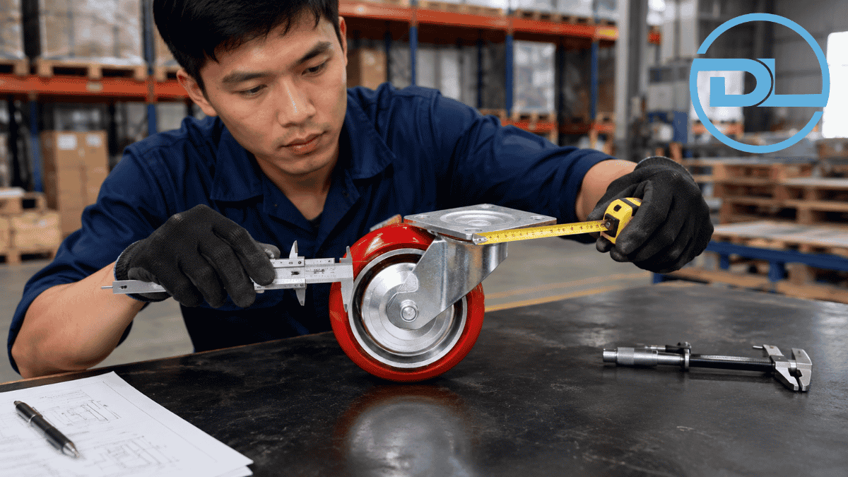 Kỹ thuật viên đo bản đế và đường kính bánh xe đẩy công nghiệp