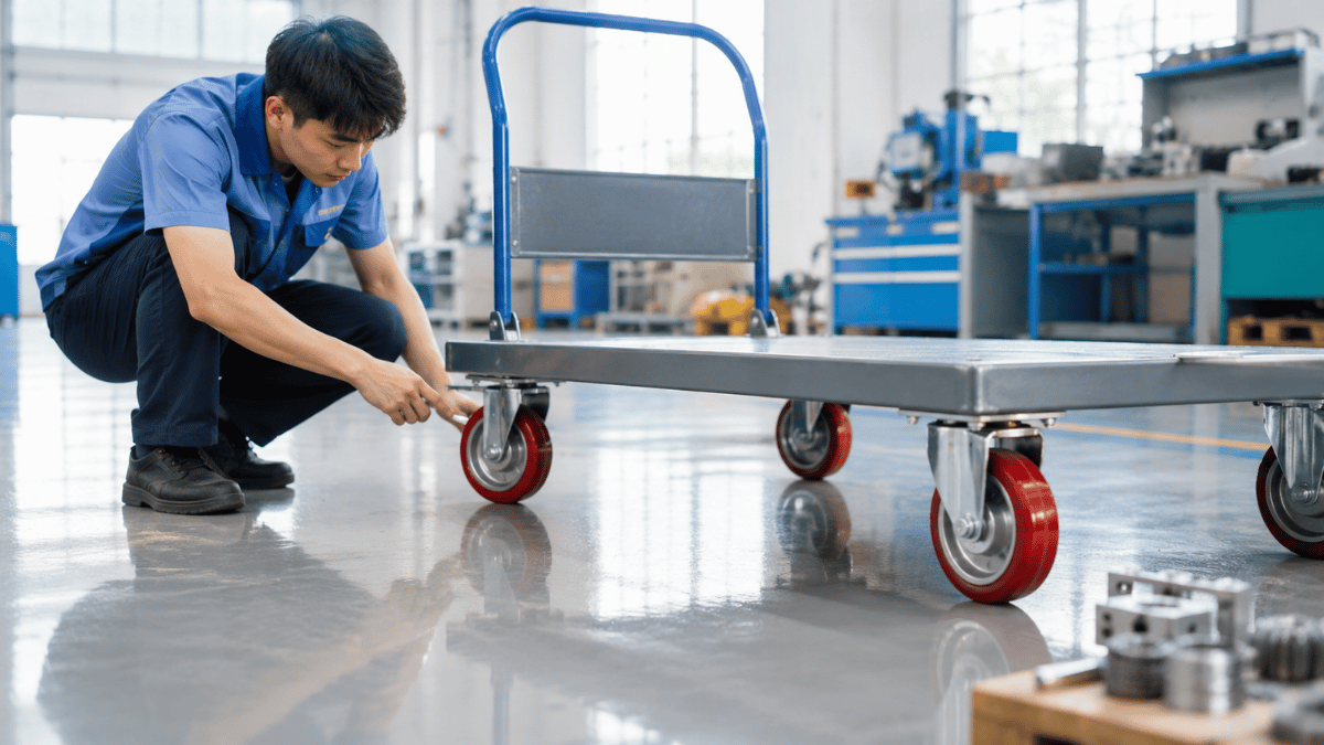 Kiểm tra bánh xe công nghiệp vận hành trên sàn epoxy trong kho xưởng